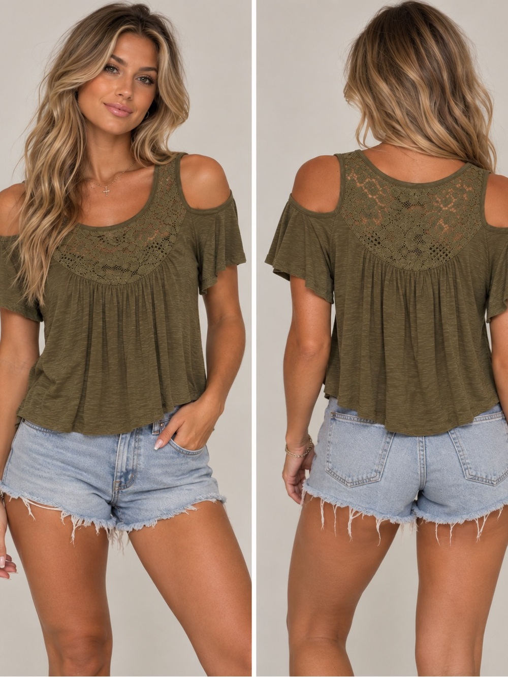 Papaya Olive Cold-Shoulder Crochet Yoke Tank Top